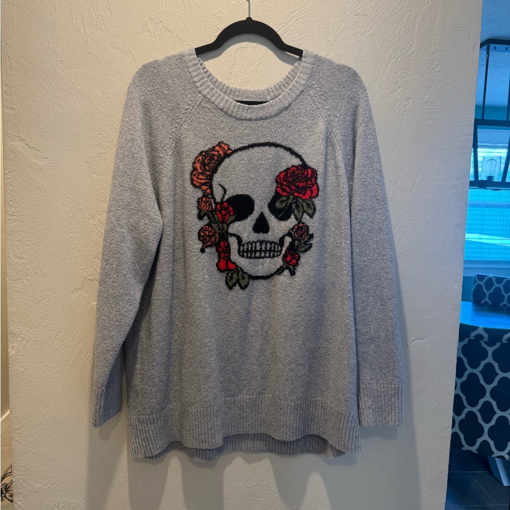 Torrid Gray Skull Sweater with Floral Design